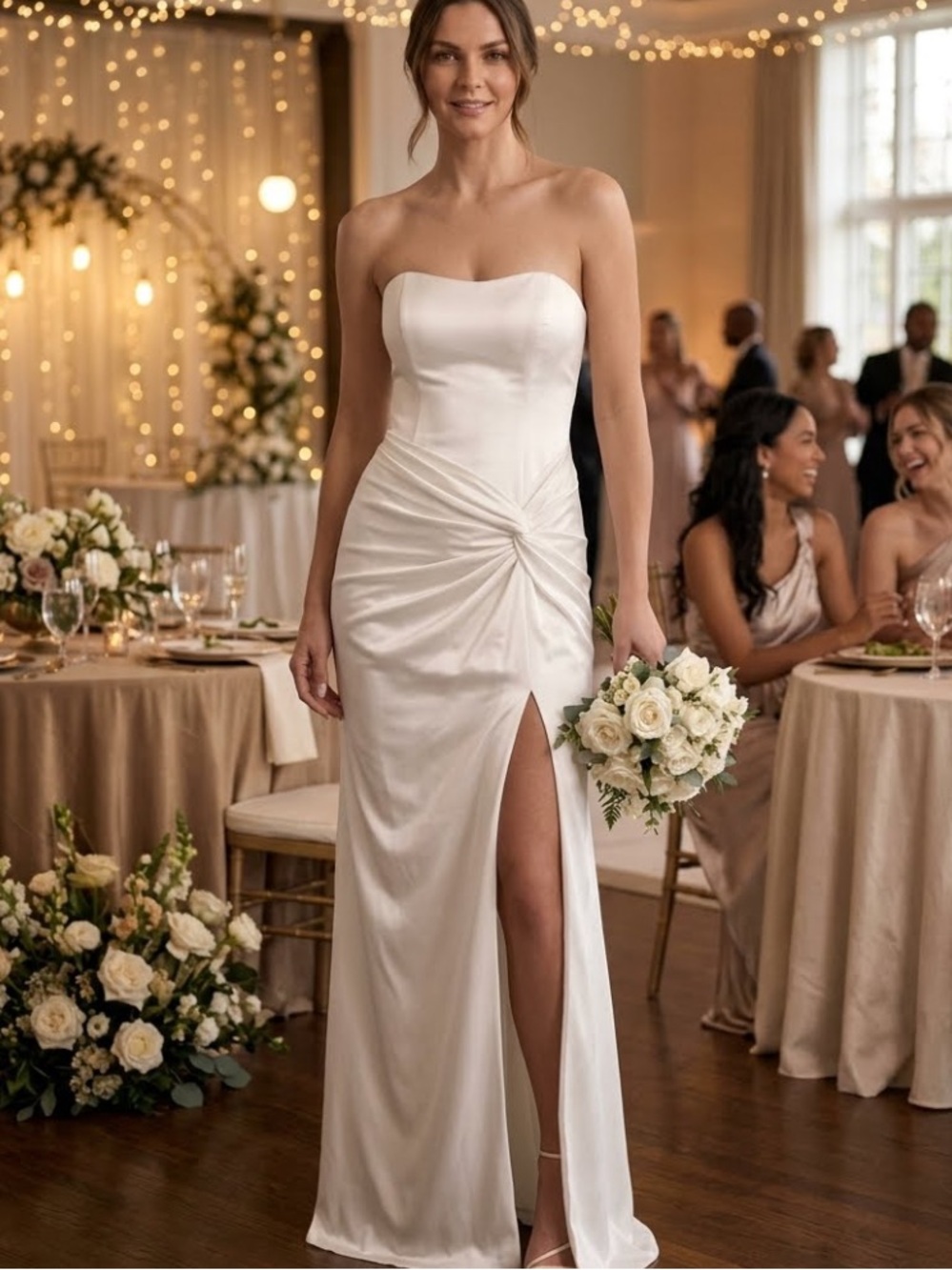 New Lulus Strapless Ivory Satin Knot-Front Evening Dress Sz Medium